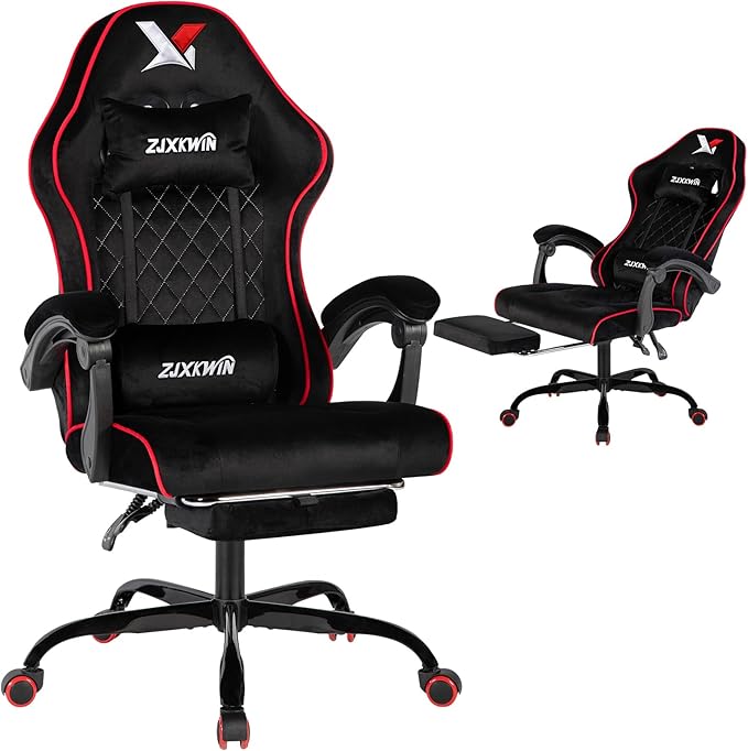 Velvet Gaming Chair, Ergonomic High Back Racing Chair with Footrest, Spring Wide Cushion, Adjustable Headrest & Lumbar Support, 90-135° Recline, 360° Swivel, 300lbs for Home Office, Red