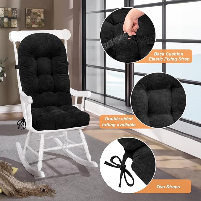 Rocking Chair Cushion - Chenille Fabric, High-Density Sponge, Durable Comfort Double-Sided Tufted Seat Pads with Ties, Chenille︱Black, 44x19x4 inch