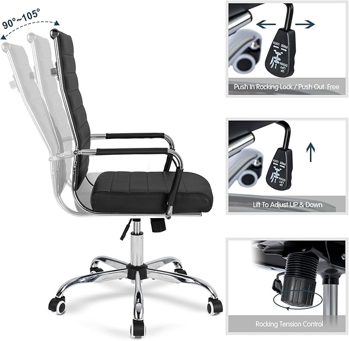 Modern Leather Conference Room Chairs,Home Office Chair Ribbed, Ergonomic Executive Office Desk Chairs, High Back Computer Chair, Adjustable Swivel Chair with Arms (Black)