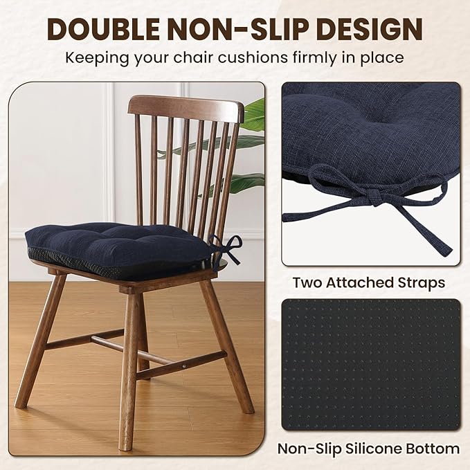 downluxe Indoor Chair Cushions for Dining Chairs, Tufted Overstuffed Textured Kitchen Chair Pads with Ties and Non-Slip Backing, 16.5" x 16.5" x 4", Navy, 4 Pack