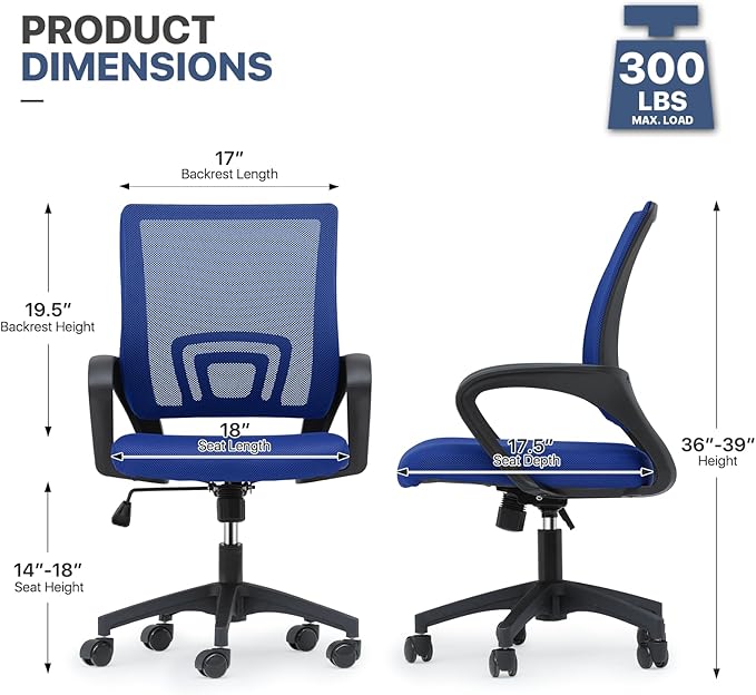 MoNiBloom Mesh Office Chair Set of 2, Ergonomic Computer Chair for Adults, Rolling Swivel Mid-Back Desk Chair with Lumbar Support, Comfy Armrest for Home Office, Gaming, Blue