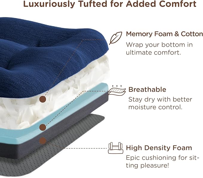 Codi 6 Pack Dining Chair Cushions, Thick Chairs Pads for Indoor Kitchen Room - Washable, Non-Slip Memory Foam Seat Cushion with Ties, 16.5"x16.5"x 3.5", Set of 6, Navy New