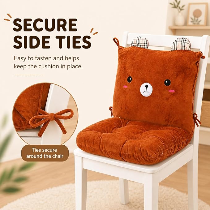 ChezMax Chair Cushion Plush Seat Cushion Back Cushion with Ties, Detachable Thickened Desk Chair Pads, Cartoon Waist Pillow Cushion Decor for Chair Car Office Patio Wheelchair, Cartoon Bear