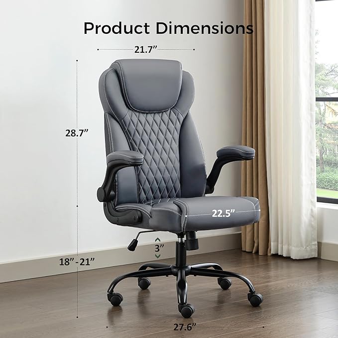 amseatec Office Chair, Executive PU Leather Chair Home Office Desk Chairs, Ergonomic Computer Desk Chair with Adjustable Flip-Up Arms, Lumbar Support Swivel Task Chair with Rocking Function (Gray)