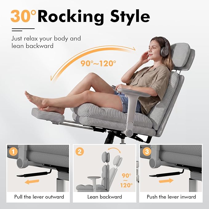 GXJ Criss Cross Chair with Flip-up Arms, Executive Office Chair with Foot Rest, Cross Legged Office Chair G800 Plus, Extra Lumbar Pillow, Corduroy Comfy Computer Desk Chair for Home, Grey