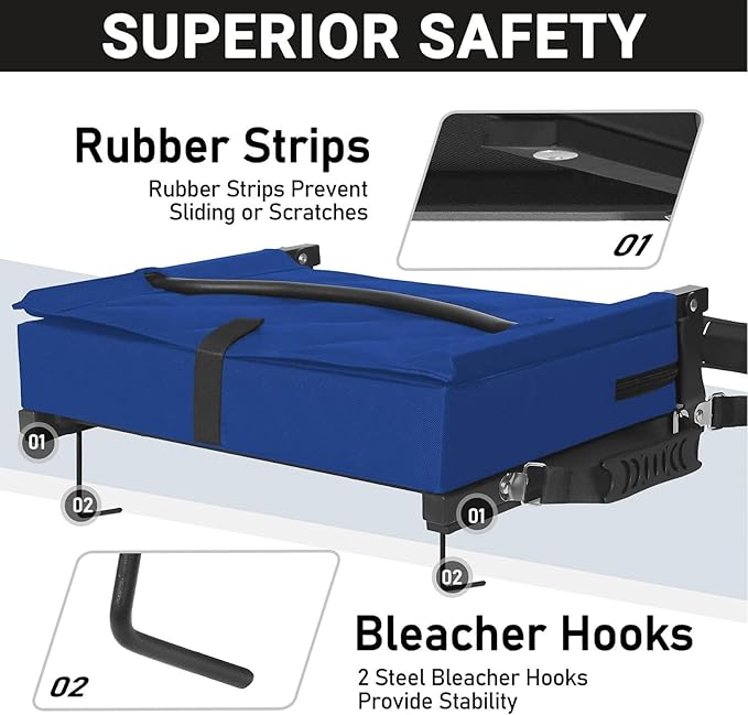 Sheenive Stadium Seats for Bleachers with Back Support, Bleacher Seats with Backs and Cushion Wide, Padded Portable Folding Comfort Stadium Chair with Shoulder Strap, Blue, 2 Pack