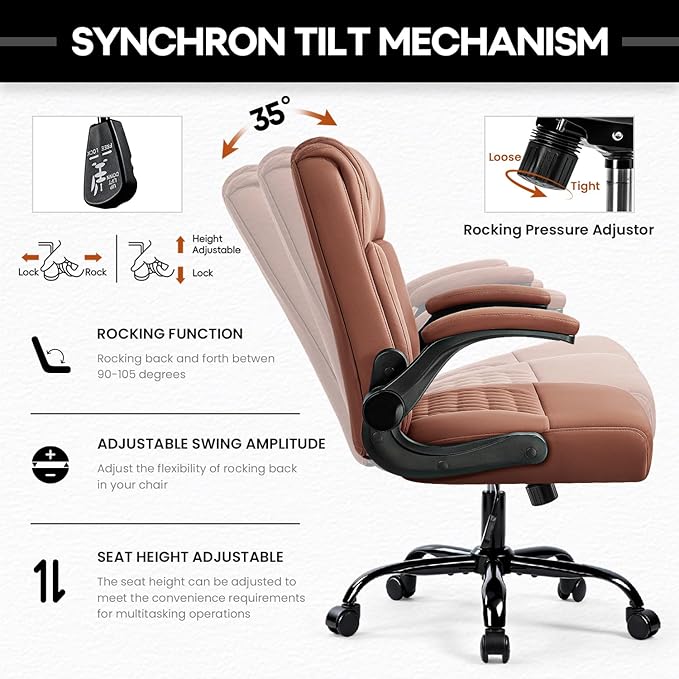 OFIKA Leather Office Desk Chair,Ergonomic Office Chair with Lumbar Support,Computer Chair,Executive Leather Chair with Padded Flip-up Arm,Adjustable Armrests, Brown,275LBS