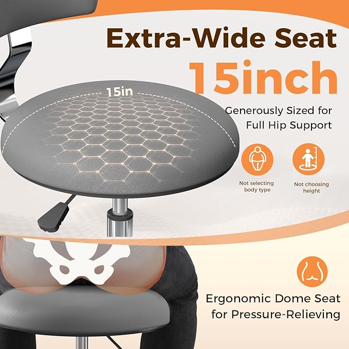 Rolling Stool Chair with Wheels, Office Drafting Chair with Back Support, Height Adjustable Standing Desk Stool with PU Leather Cushion for Home Office Kitchen Vanity Salon Garage Tattoo Dentist, Grey