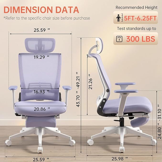 Foldable Office Chair with Foot Rest, Ergonomic Office Chair with Adjustable Lumbar Support, Headrest, Armrest, Home Office Desk Chair for Space Saving, Work from Home, Purple