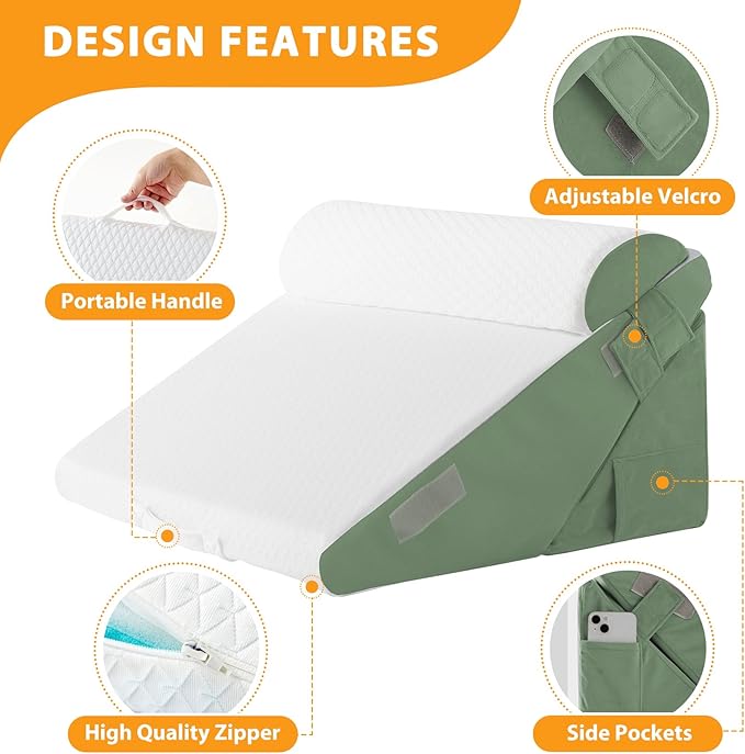 Ruqmuis 3PCS Wedge Pillow Set for After Surgery, Adjustable 9&12 Inch Bed Wedge Pillow for Sleeping, Incline Pillow Wedge for Headboard, Post Surgery, Acid Reflux, Neck&Back Support, Green