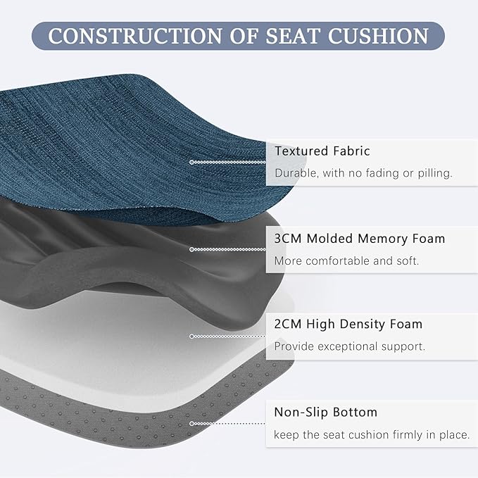 baibu Kitchen Chair Cushions Set of 2, Dual-Layer Patented Design Memory Foam Dining Chair Pads with Ties and Washable Cover, 2 Pack, 17" x 16" x 2", Blue