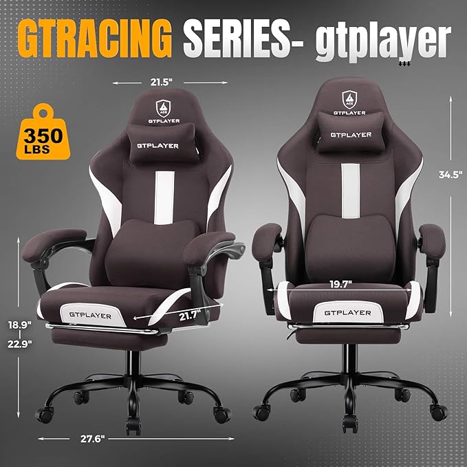 GTPLAYER Gaming Chair with Foot Rest & Pocket Spring Cushion, Ergonomic High Back Computer Desk Chair with Headrest & Lumbar Support for Back Pain Relief, Breathable Fabric, Brown