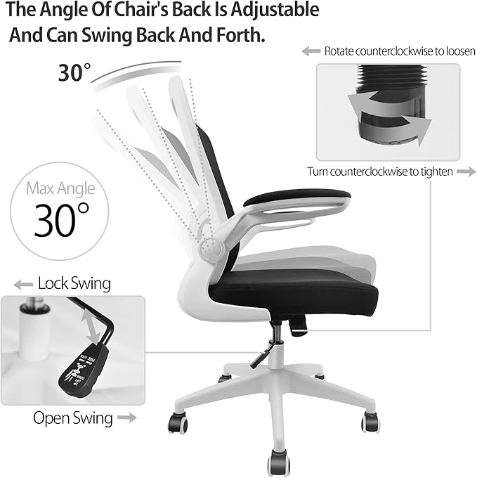 Ergonomic Office Chair 2026 - Mesh Desk Chair with Flip-up Armrests, Adjustable Height and Lumbar, 360° Swivel Comfortable Computer Chairs for Home, Conference Room, Reception, White and Black