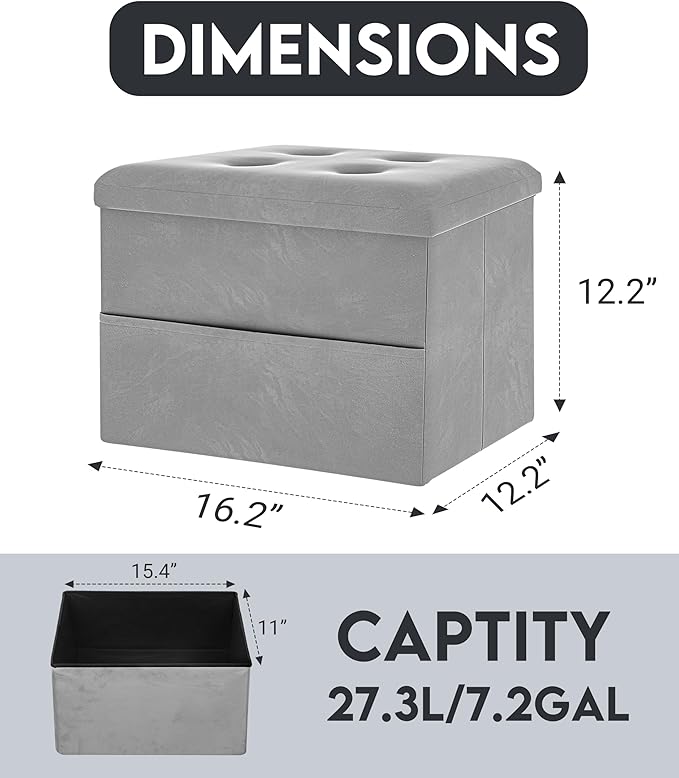 ZOES HOMEWARE Small Storage Ottoman Foot Rest, Velvet Ottoman with Storage and Side Pocket, Pink Foot Rest for Couch, Foldable Footstool Ottoman for Chair,Living Room&Dorm, 16"x12"x12" Grey
