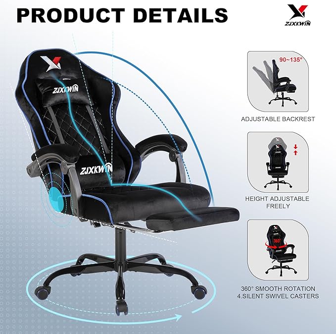 Velvet Gaming Chair, Ergonomic High Back Racing Chair with Footrest, Spring Wide Cushion, Adjustable Headrest & Lumbar Support, 90-135° Recline, 360° Swivel, 300lbs for Home Office, Blue