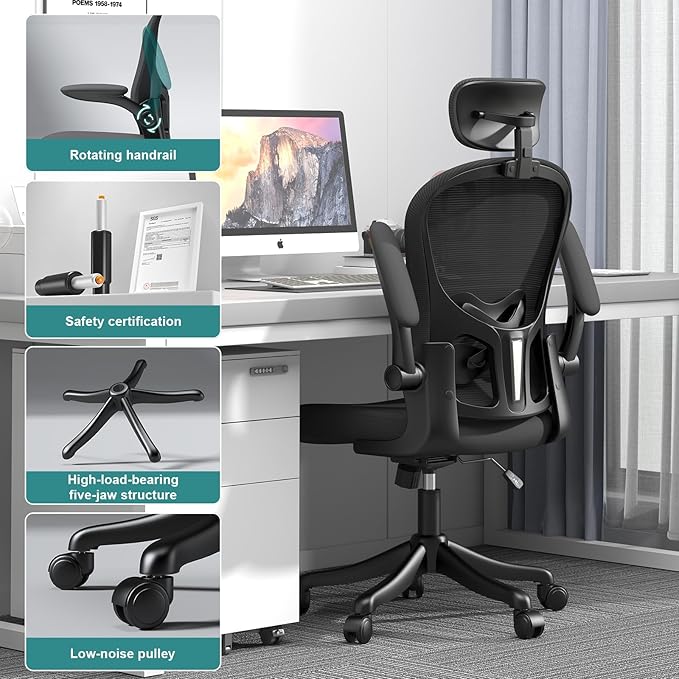 Mesh Office Chair with Adjustable Lumbar Support and Headrest, Ergonomic High Back Task Chair for Home Office, Flip-Up Arms 90-120° Tilt Lock Rolling Swivel Work Chairs (White-Black6065)