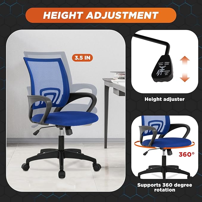 Ergonomic Office Chair - Mesh Desk Task Computer Swivel Chair with Lumbar Support, Modern Executive Adjustable, Blue