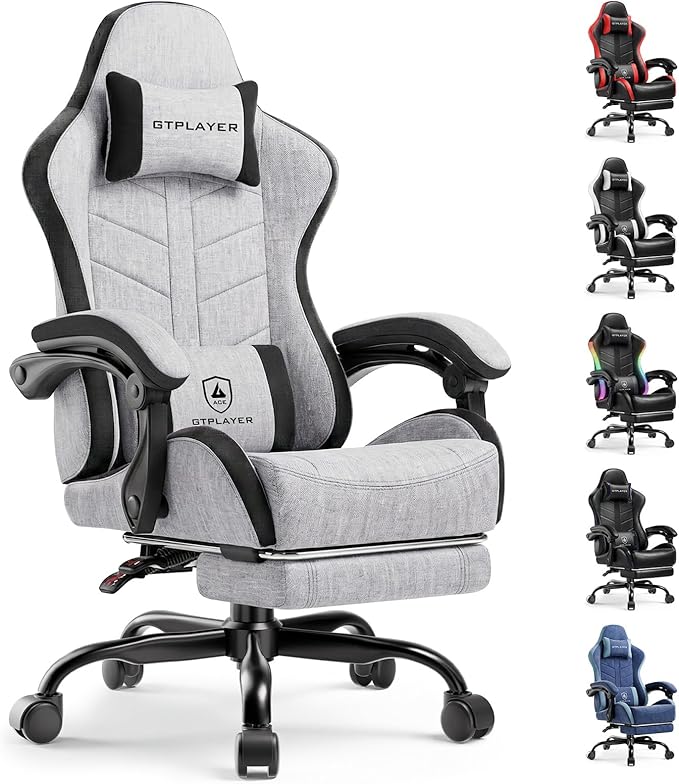GTPLAYER Gaming Chair with Footrest, Computer Gaming Chair for Adults and Kids, Height Adjustable Gamer Chair with 90-155° Recline & Removable Headrest Lumbar Support,Linen Fabric Gray-Black