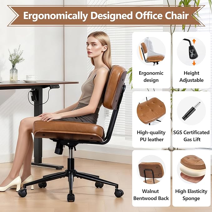 Walnut Armless Modern Office Desk Chair with Wheels, PU Leather Adjustable Height Swivel Rolling Task Chair, Ergonomic Criss Cross Legged Computer Chair (Brown)