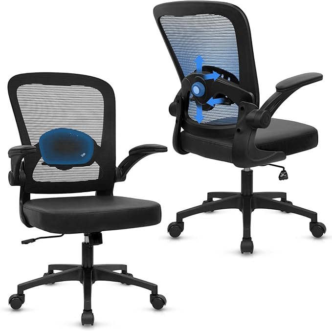 KLASIKA Desk Chairs with Wheels, Ergonomic Mesh Back PU Leather Seat Home Office Adjustable Lumbar Support and Height Swivel Rolling Computer Task Chair with Flip Up Arms for Conference, Black, 2PK