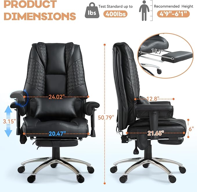 Massage Office Chair with Foot Rest, Ergonomic Executive Heated Office Chair with Reclining Backrest, Adjustable Arms and Lumbar Support, High Back Leather Desk Chairs for Home Office, Black