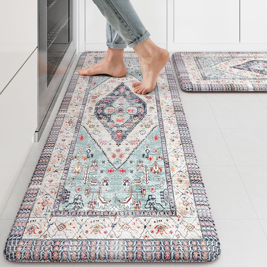 KIMODE Farmhouse Kitchen Mats, Anti Fatigue Kitchen Rugs Sets of 2 Blue
