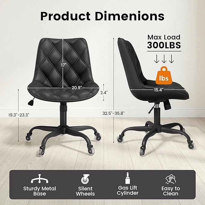 Armless Office Chair, Mid Back Modern Desk Chair with Rubber Wheels, 360 Swivel PU Leather Office Chair No Arms, Adjustable Height Small Computer Chair, Armless Desk Chair for Office, Black