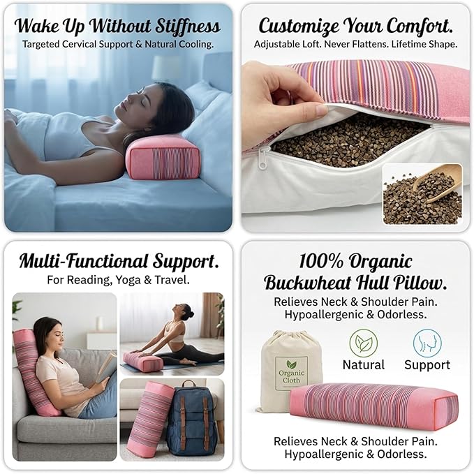 Buckwheat Pillow for Neck Pain Relief 21x8x4in Natural Cooling Cervical Support Adjustable Hull Pillow for Side and Back Sleepers with Night Sweats Organic Hypoallergenic (Light Red)
