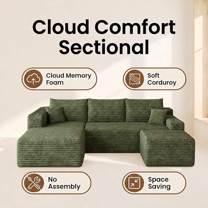 94" Green Fluffy Couch with Ottoman for Living Room, Corduroy No Bones Sectional Couch,Compressed Memory Foam Cloud Sofa,No Assembly Required,Left Facing Chaise,Green