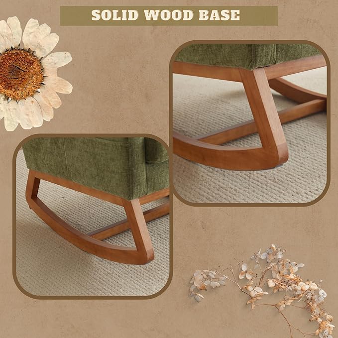VINGLI Olive Chenille Rocking Chair Nursery with Thick Headrest, Upholstered Mid-Century Modern Nursing Rocker Glider with Curved Armrest, Sturdy Solid Wood Base for Living Room, Bedroom, Baby Room