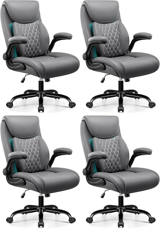 BESTFAIR Office Chair, Ergonomic Computer Desk Chairs with Lumbar Support for Lower Back Pain Relief, Executive Leather Home Chair Comfy with Padded Flip-up Armrests, Gray, 4-Pack