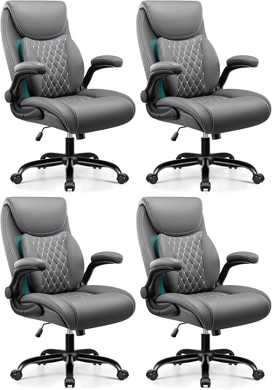 BESTFAIR Office Chair, Ergonomic Computer Desk Chairs with Lumbar Support for Lower Back Pain Relief, Executive Leather Home Chair Comfy with Padded Flip-up Armrests, Gray, 4-Pack