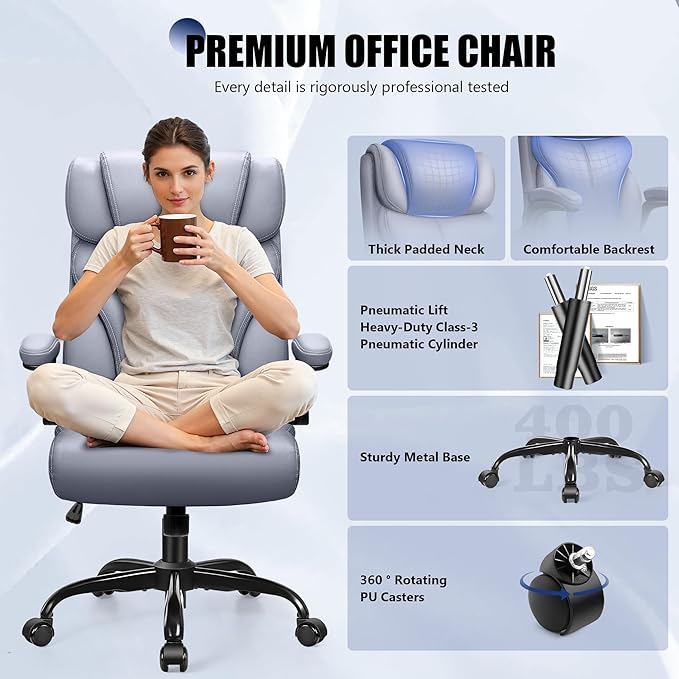 Primy Office Chair, Ergonomic Leather Desk Chair with Flip-up Armrests, Big and Tall High Back Executive Computer & Gaming Chair with Footrest, Comfy Padded, Rocking Function and Lumbar Support(Gray)