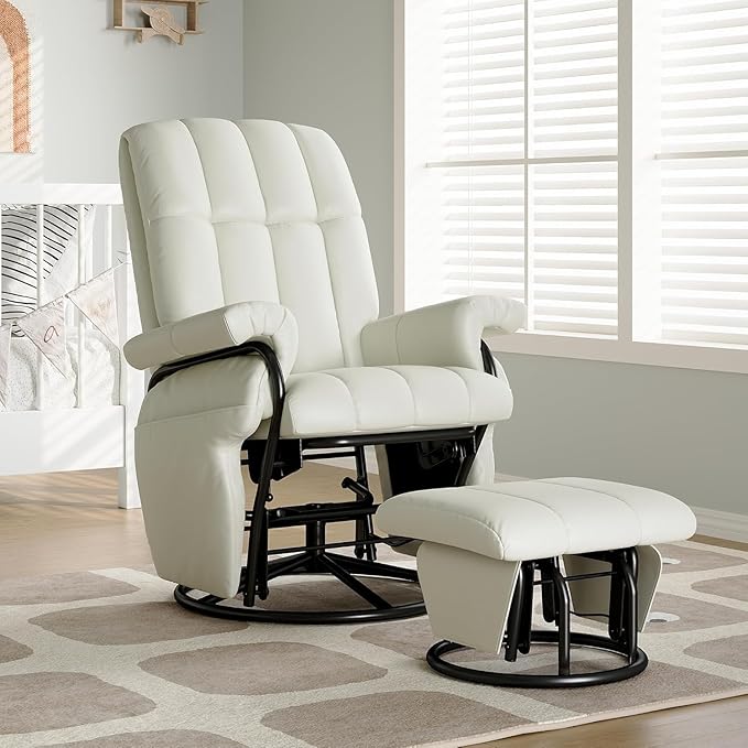 AODAILIHB 360° Swivel Glider Recliner with Ottoman, Nursing Glider Rocking Chair with Foot Rest & 2 Side Pockets for Nursery, Living Room, Bedroom, Office, White