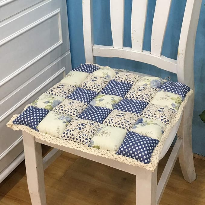 vctops Patchwork Chair Pad with Ties No Slip Lace Trim Chair Cushion Farmhouse Floral Print Kitchen Dining Seat Cushion (510 Blue, 16"x16")