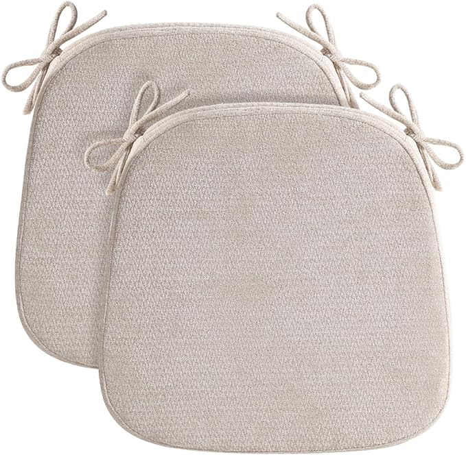 D-Shaped Chair Cushions for Dining Chairs, 2.5” Thick Chair Pads with Washable Comfortable Textured Cover, Non Slip Kitchen Chair Cushions with Ties, 16.5" x 16.5", 2 Pack, Beige