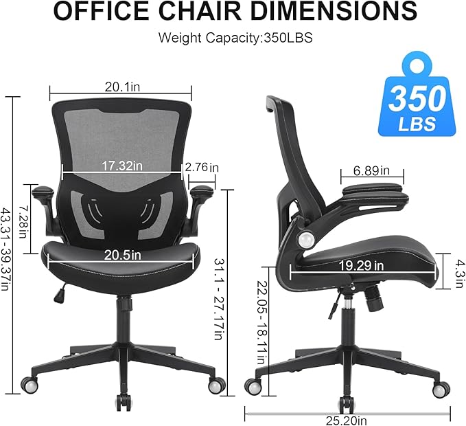 Office Chair, Ergonomic Desk Chair with Adjustable Lumbar Support, Breathable Mesh Computer Chair with Flip-up Armrests, 350lbs Comfy Swivel Task Chairs for Home Office, Black