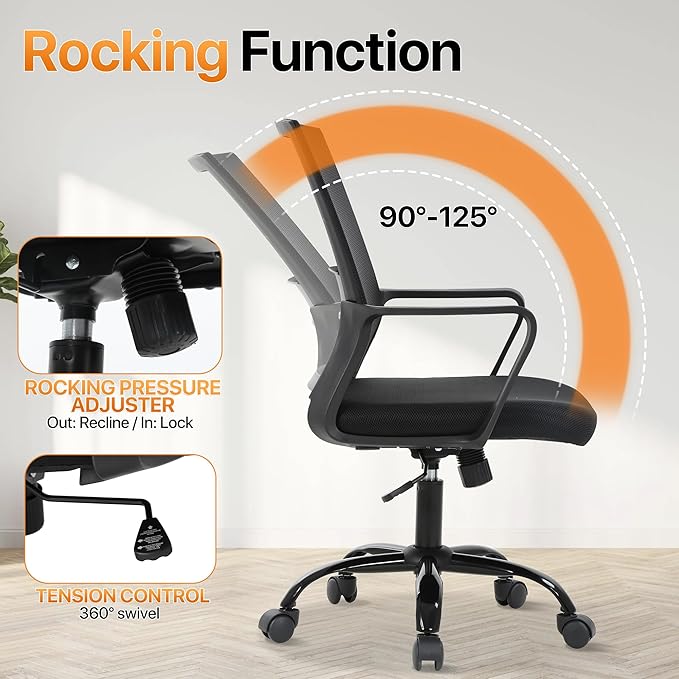 Ergonomic Office Chair, Comfortable Home Desk Chair, Breathable Mesh Back Computer Chair and Lumbar Support, Adjustable Height, Sponge Seat, Black