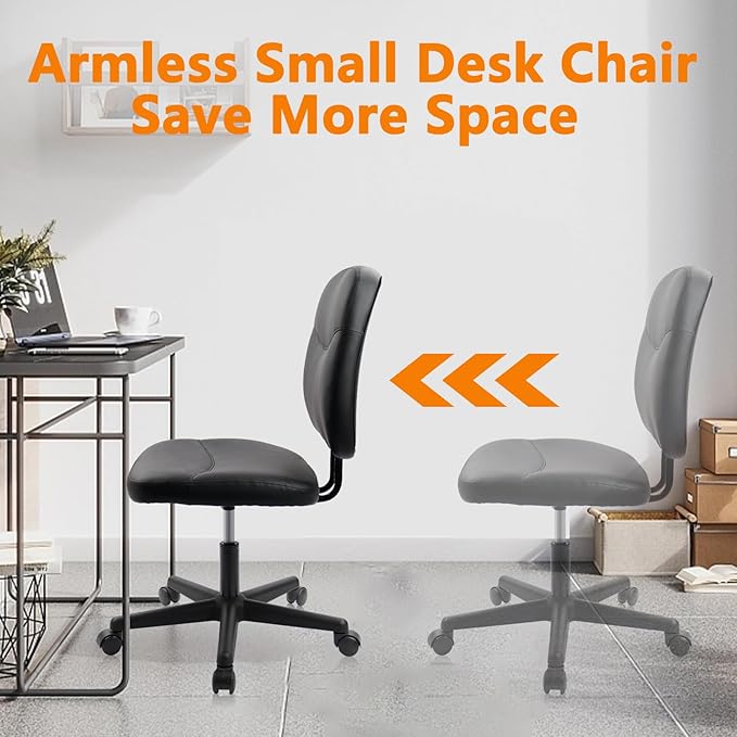 CLATINA Armless Home Office Chair,Small PU Leather Ergonomic Low Back Desk Chair with Lumbar Support and Wheels, Adjustable Height 360° Swivel Rolling Computer Task Chair, Black