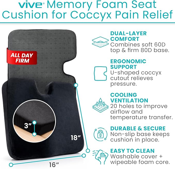 Vive Memory Foam Seat Cushion – Tailbone Pain Relief, Sciatica, Coccyx & Back Support for Office Chair, Car Seat, Wheelchair & Airplane, Water-Resistant Cover, 2-Layer Foam Comfort, Wheelchair (Black)
