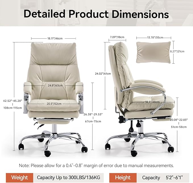LEAGOO Office Chair with Footrest 155° Reclining Ergonomic High Back Desk Chair PU Leather Executive Computer Chair with Lumbar Support & Adjustable Arms Swivel Task Chair for Home Office, Cream White