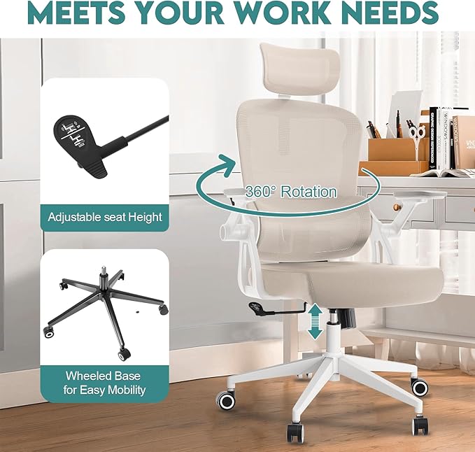 350 LBS Ergonomic Office Computer Mesh Chair - Adjustable Height Rolling Desk Chair with Flip-Up Armrests & High Back Support - Comfortable Swivel Task Chair for Home Office (01KHAKI)
