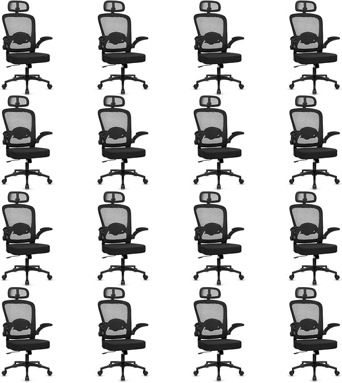 KLASIKA Desk Chairs with Wheels, Ergonomic Mesh Back Home Office Chair with Headrest, Adjustable Lumbar Support Swivel Rolling Computer Chairs Flip Up Arms for Conference Meeting Room, Black, 16PK