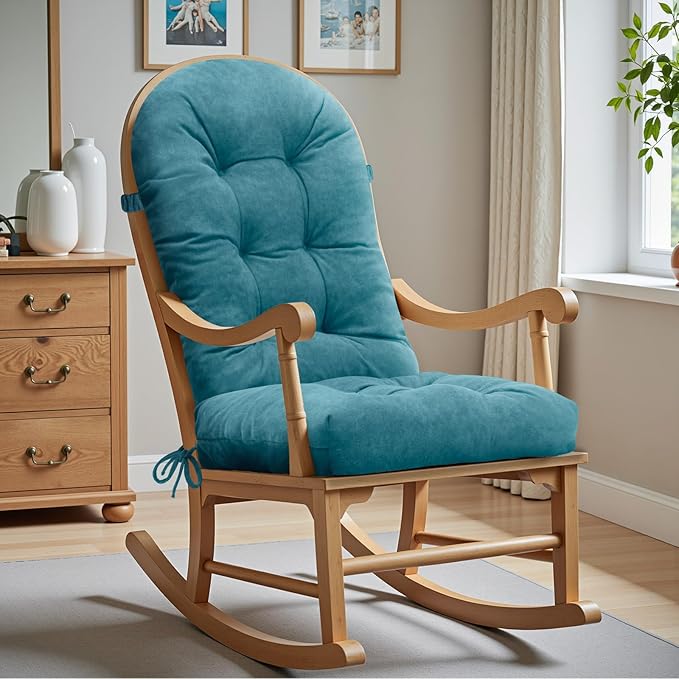 Rocking Chair Cushion - Velvet Fabric, High-Density Sponge, Durable Comfort Non-Slip Bottom Tufted Seat Pads with Ties, Velvet︱Blue, 44x19x4 inch