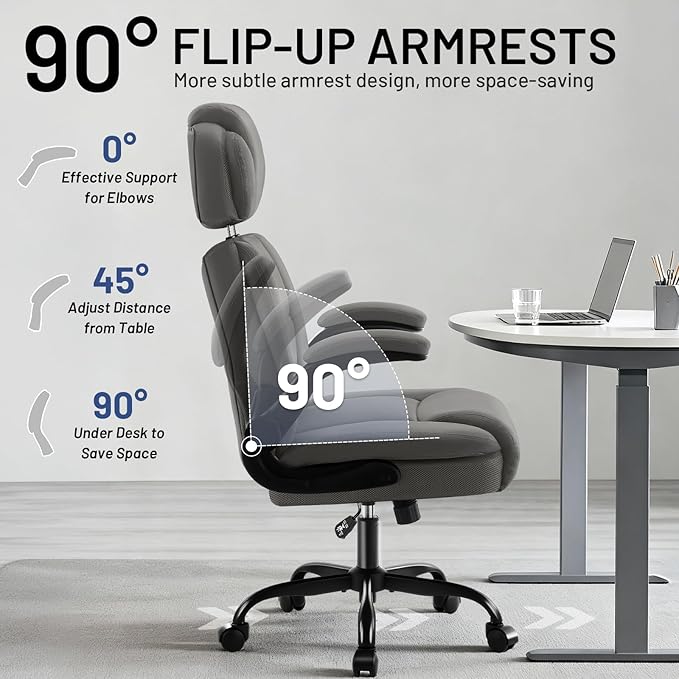 AreShark Ergonomic Office Chair with Lumbar Support, 400lbs Heavy Duty Big and Tall Executive Desk Chair, PU Leather High Back Computer Chair with Flip-Up Arms & Adjustable Headrest, Gray
