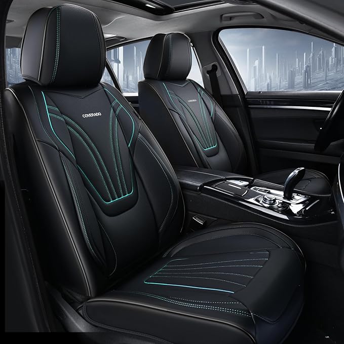 Coverado Car Seat Covers Front Seats, 2 Piece Car Seat Protector with Lumbar Support & Removable Headrest, Breathable Leather Seat Cushion Universal Fit for Truck Automotive Vehicles Black & Blue