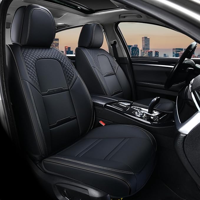 Coverado Car Seat Covers Front Seats, 2 Piece Car Seat Protector with Removable Headrest, Nappa Leather Breathable Front Seat Cushion Side All Wrapped Universal Fit Truck Automotive Most Cars Black