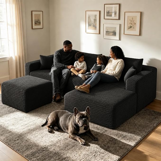 94" Black Fluffy Couch with Ottoman for Living Room, Corduroy No Bones Sectional Couch,Compressed Memory Foam Cloud Sofa,No Assembly Required,Right Facing Chaise,Black