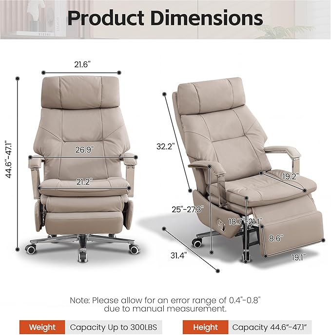 Big and Tall Executive Office Chairs with Footrest, Ergonomic 360° Swivel Desk Chair High Back Recliner, Manual 150° Reclining Computer Gaming Chair with Wheels for Home Office Faux Leather, Khaki