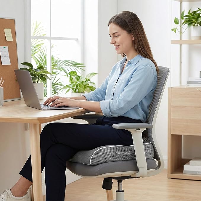 Seat Cushion for Tailbone Pain Relief, Office Chair Cushion, Memory Foam Large Chair Cushion with Non-Slip Cover for Soft Support at Office Chair, Car Seat, Airplane 3.3"-Grey